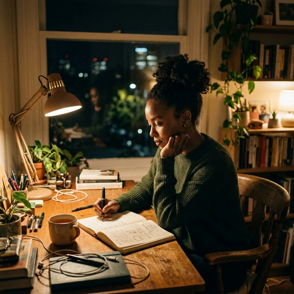 Nighttime study session with warm lighting Woman writing notes in a notebook at a wooden desk with a lamp and books