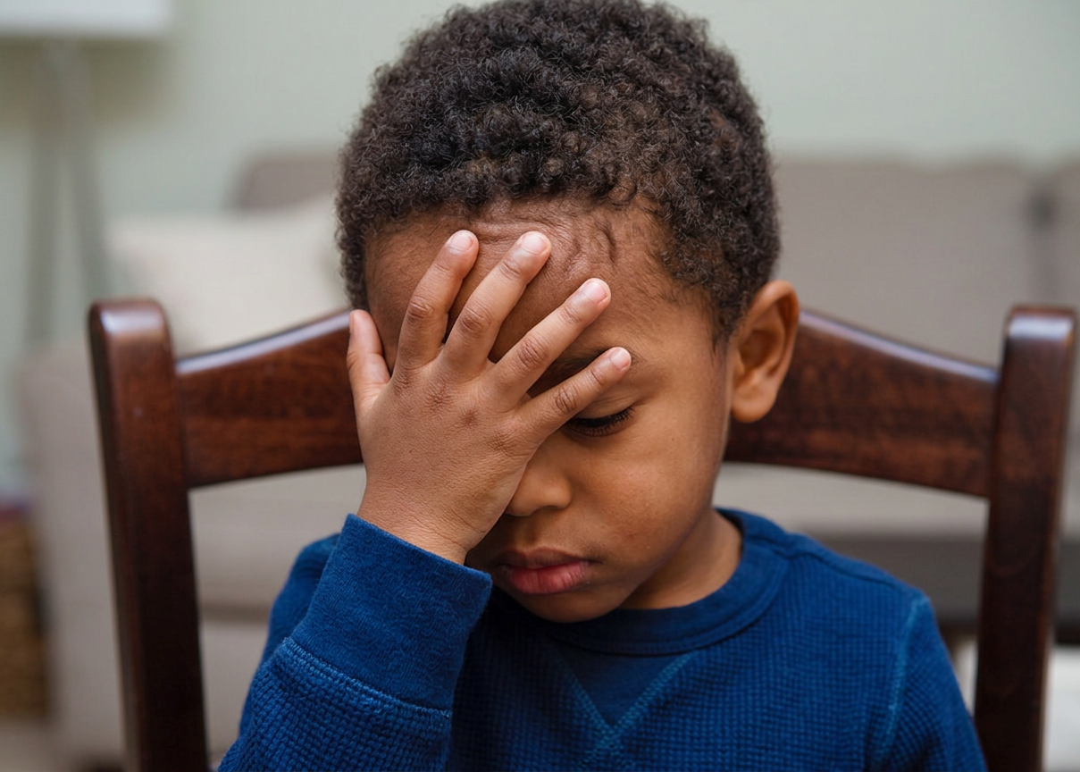 Child showing frustration with facepalm Young boy sitting with hand on forehead, looking down, showing frustration